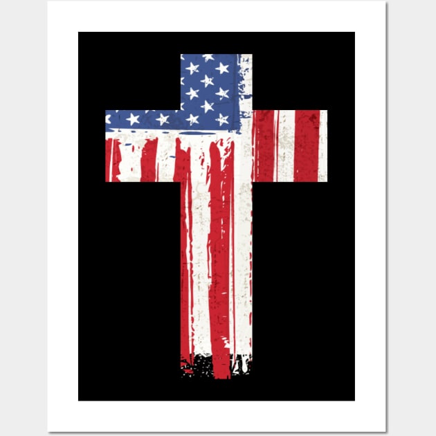 Vintage American Flag Christian Faith Cross T-Shirt Wall Art by JPDesigns